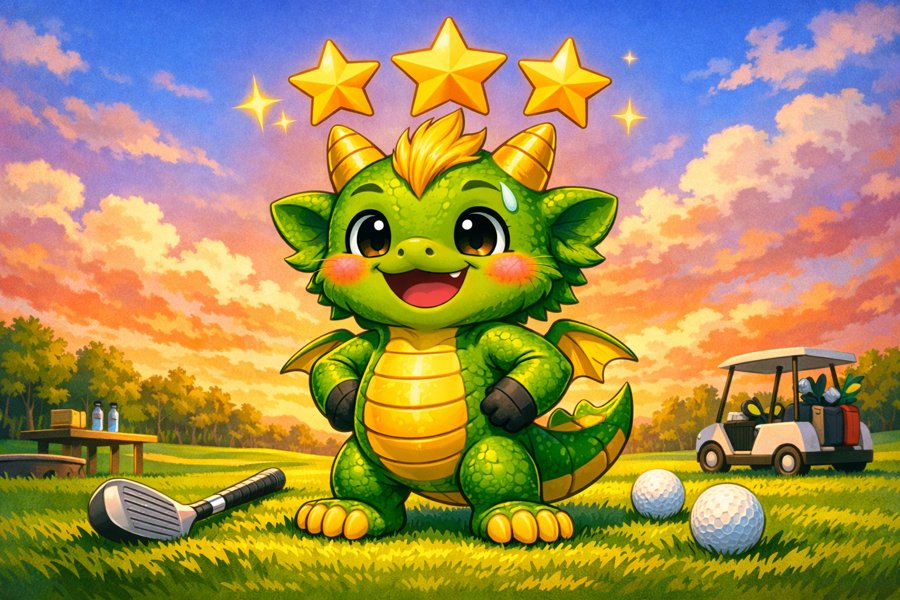 夕焼け空でヒーローポーズを決める達成感のチビ龍