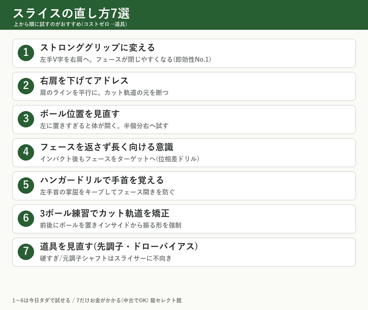 スライスの直し方7選一覧 ストロンググリップ/右肩/ボール位置/ドリル/道具